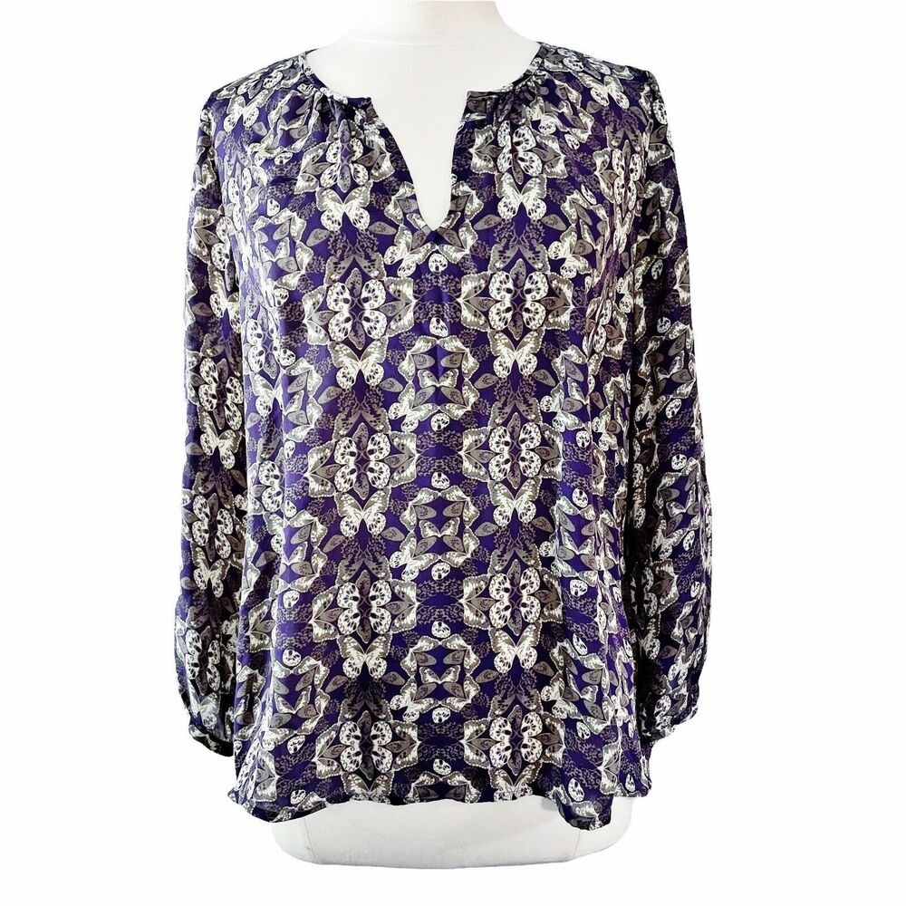 Joie Sz M Womens‎ Zambezi Butterfly Print 100% Silk Ho Lo Tunic Blouse Boho Top